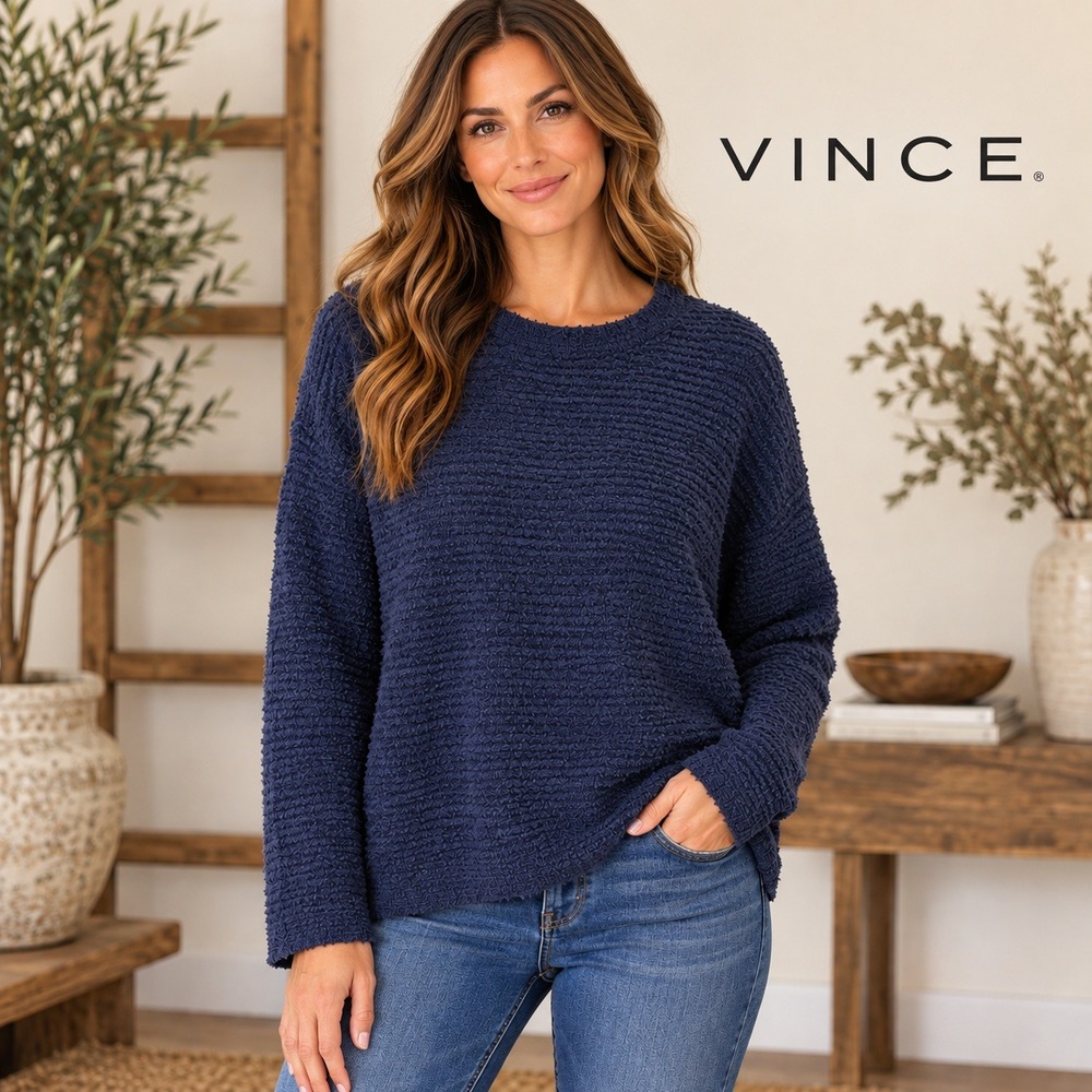 Vince Navy Blue Textured Boucle Knit Cotton Blend Sweater Pullover Size XS